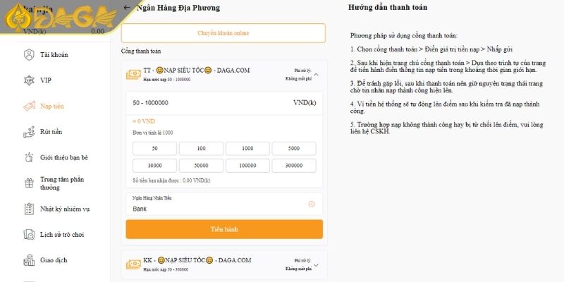 Hướng Dẫn Cách Nạp Tiền DAGA Đơn Giản Nhanh Gọn Nhất 1 Chuyển khoản ngân hàng